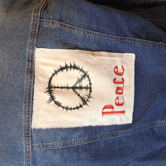 Wax Jean Upscaled Jean Jacket With Hand Painted Peace Sign And Crocheted Accents - Picture 4 of 7